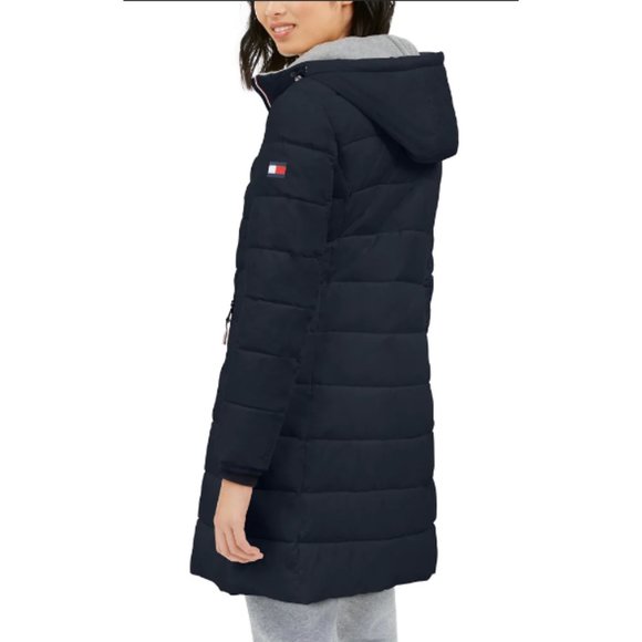 Women's Tommy Hilfiger Deep Blue Puffer Hooded Jacket 3 Pockets Maroon Lining S - Picture 14 of 15